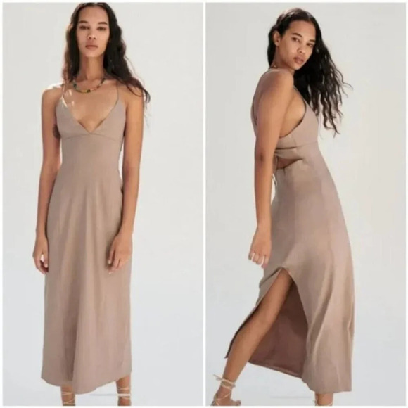 Zara Linen Blend Strappy Open  Back Midi Maxi Dress Beige Tan Brown Size Small - Picture 16 of 16